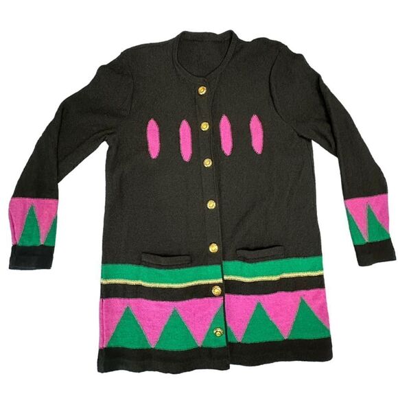 Vintage 80s Louis Feraud Abstract Pattern Black and Pink Long Cardigan size 10 - Picture 4 of 10